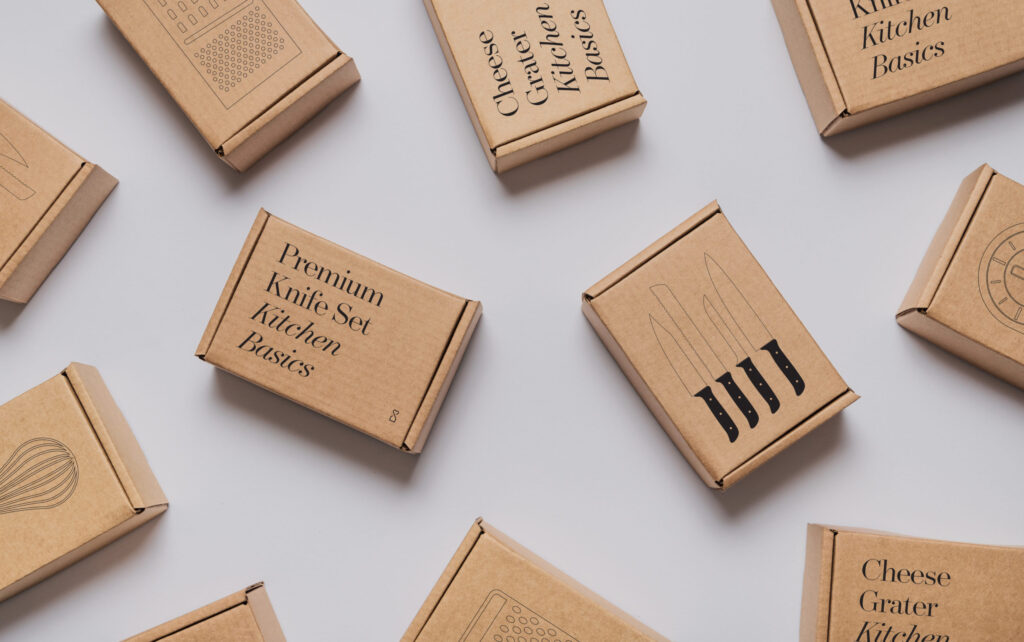 Cajas de color marrón colocadas sobre un fondo blanco grisaceo