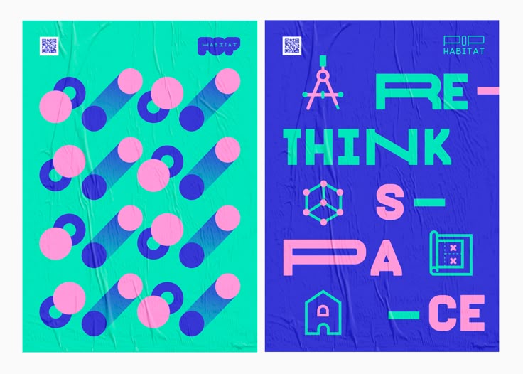 Dos carteles de colores verde, azul y rosa con formas y solo tipografía