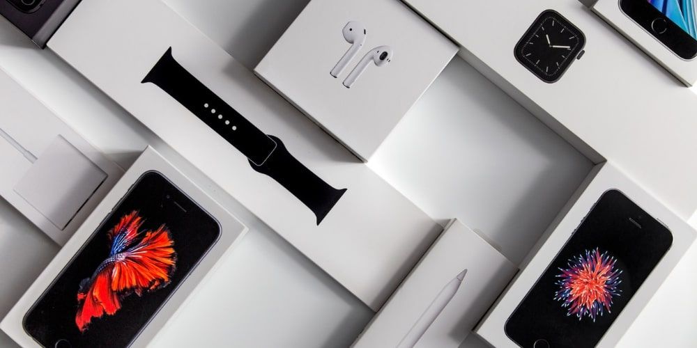 Packaging de apple de mobiles, reloj digital y auriculares